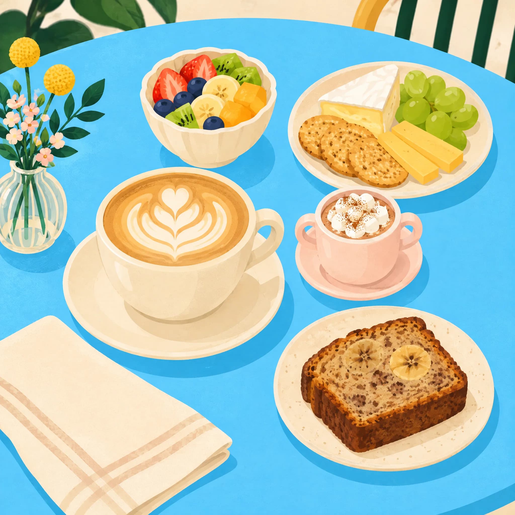 Illustration of a cafe table with a coffee, a hot chocolate, fruit, cheese and crackers