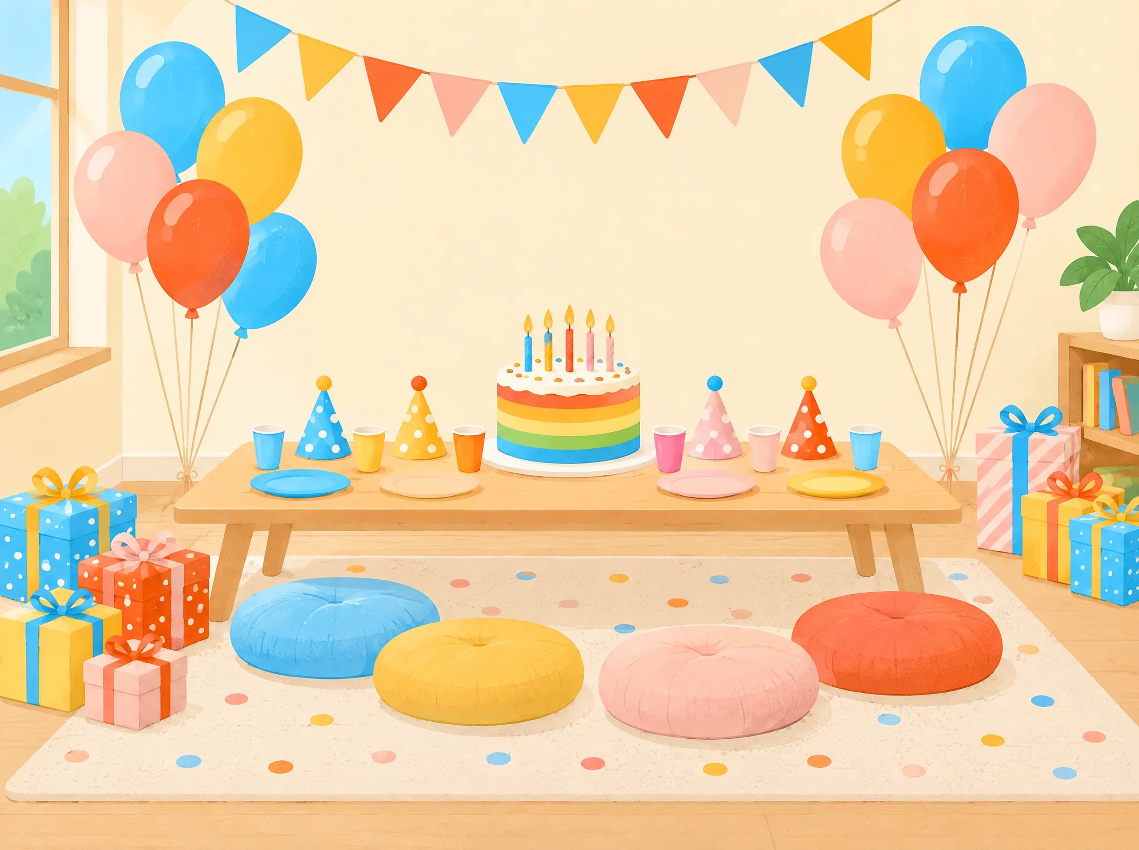 Illustration of a party room with balloons, bunting and a birthday cake