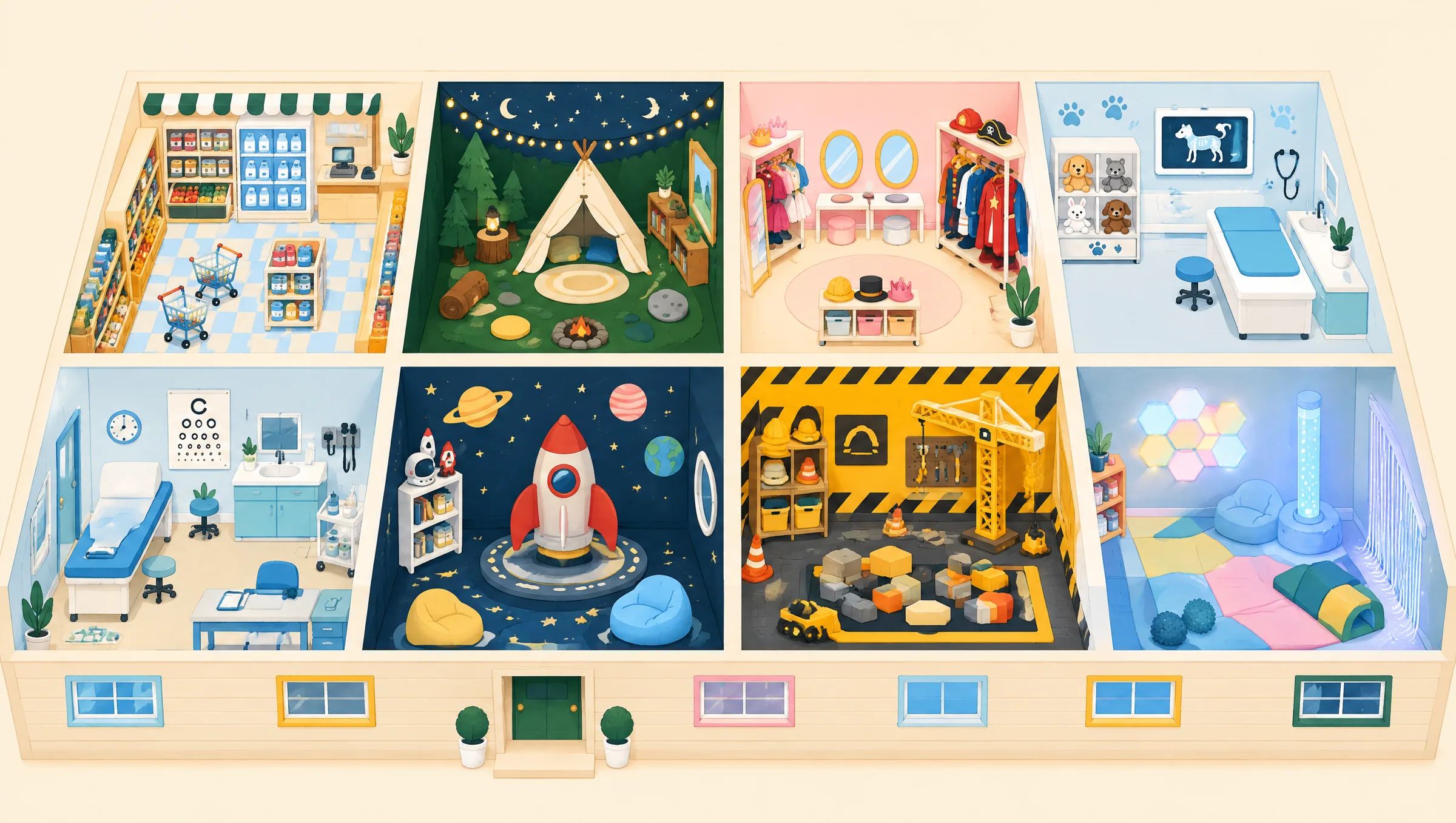 Illustrated map of Little World from above, showing eight rooms in two rows of four: Supermarket, Camping, Dress Up Studio and Vet Clinic at the back, Medical Centre, Space Station, Tradie Zone and Sensory Room at the front.