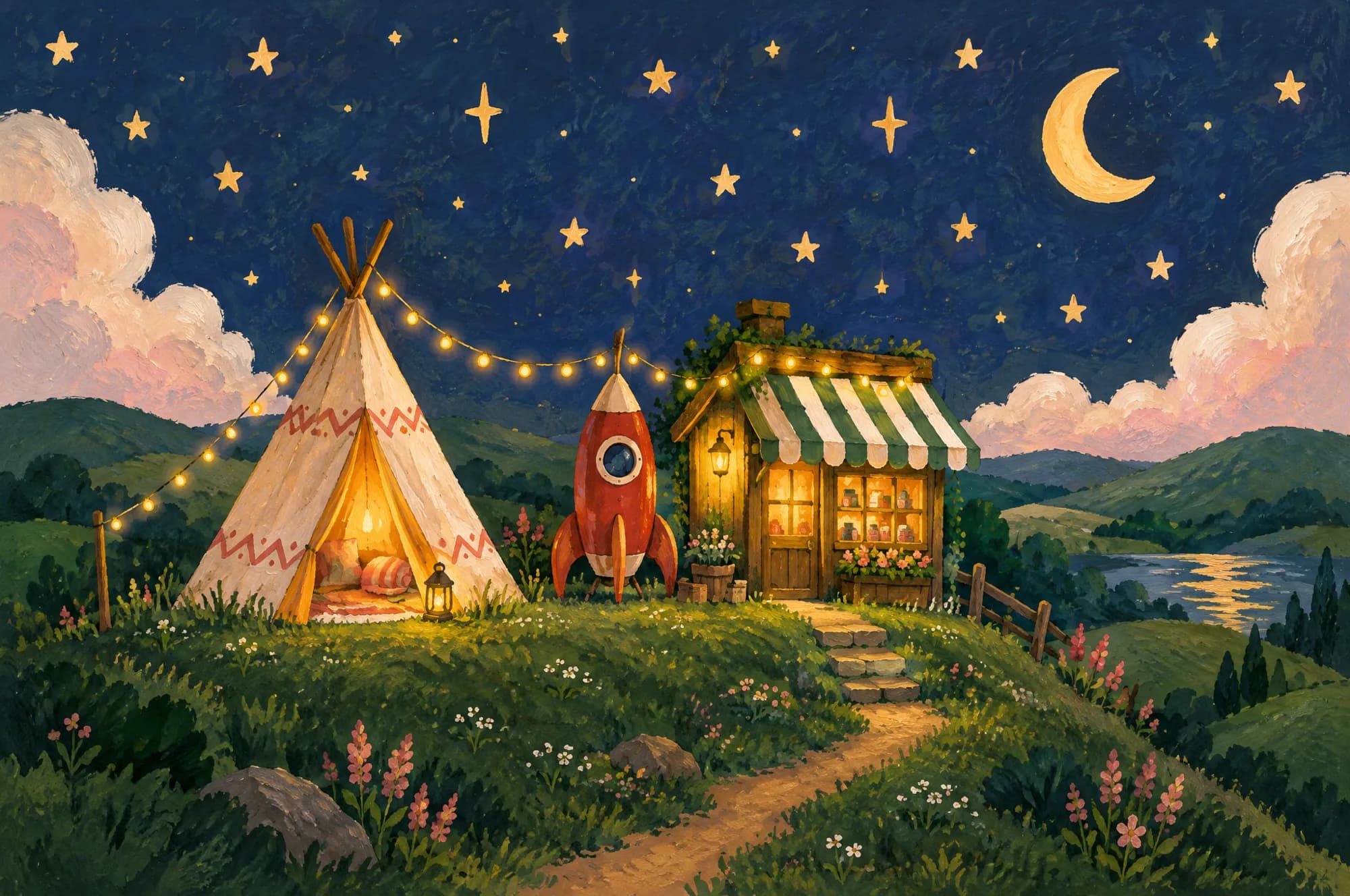 A painted night scene: a glowing teepee, a red rocket and a little shop with a striped awning on a hill under the stars.